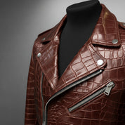 Men's Cognac Crocodile Embossed Biker Leather Jacket