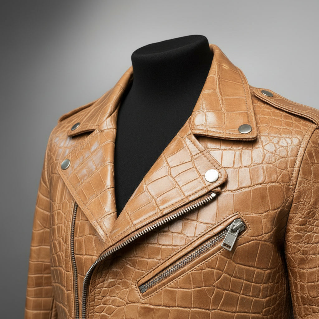 Men's Tan Crocodile Embossed Leather Biker Jacket