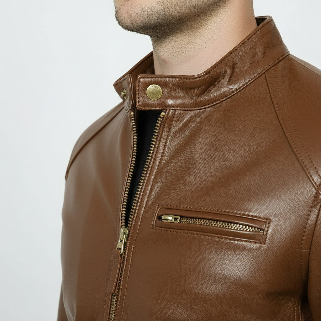 Men's Brown Slim Fit Leather Biker Jacket