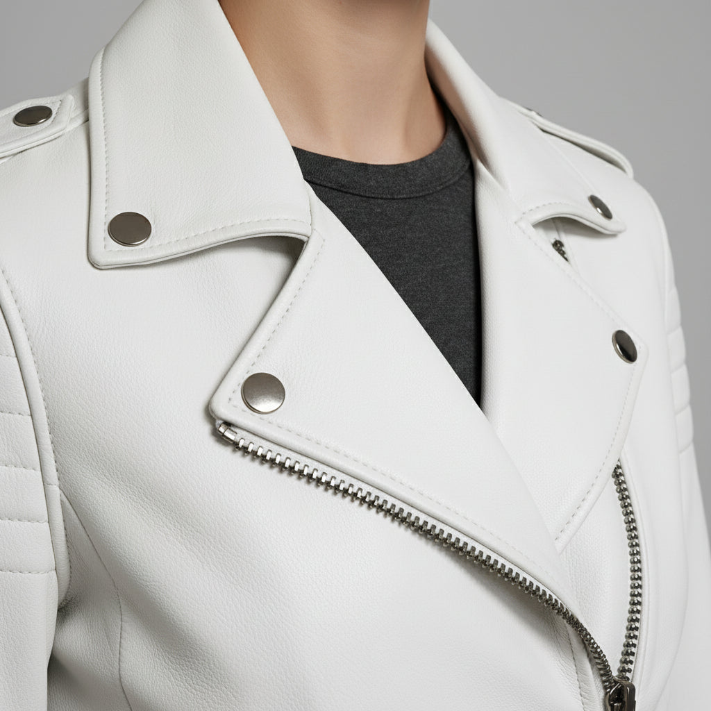 Women's White Biker Lambskin Leather Jacket