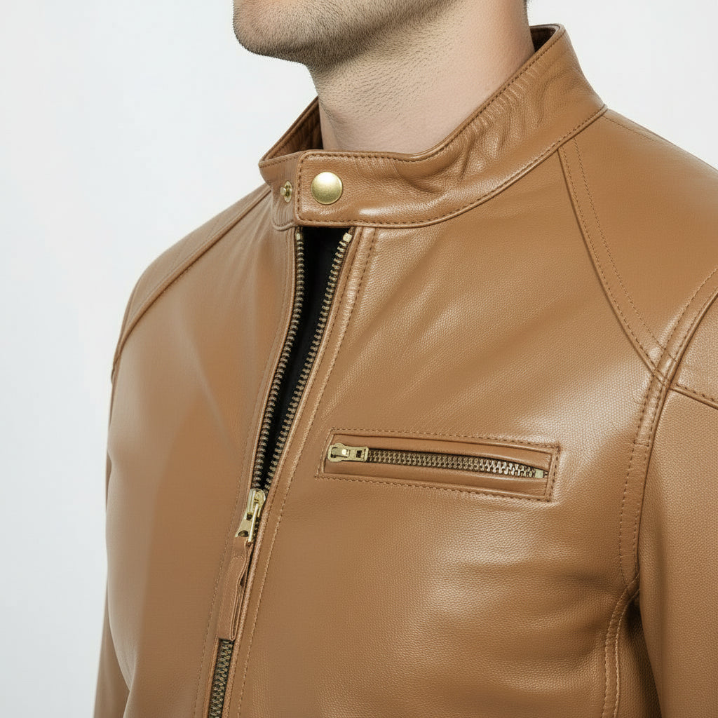 Men's Tan Slim Fit Leather Biker Jacket