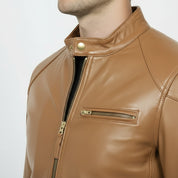 Men's Tan Slim Fit Leather Biker Jacket