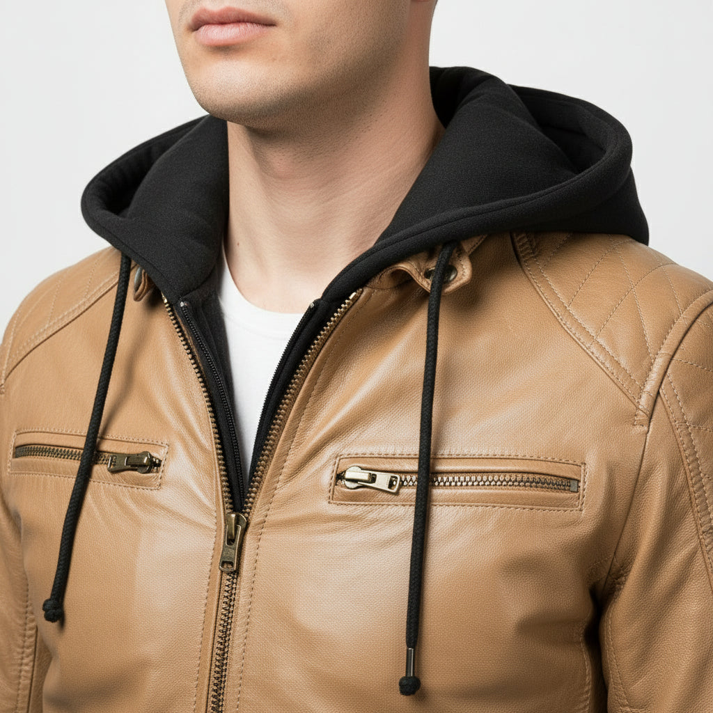 Men's Tan Hooded Leather Biker Jacket