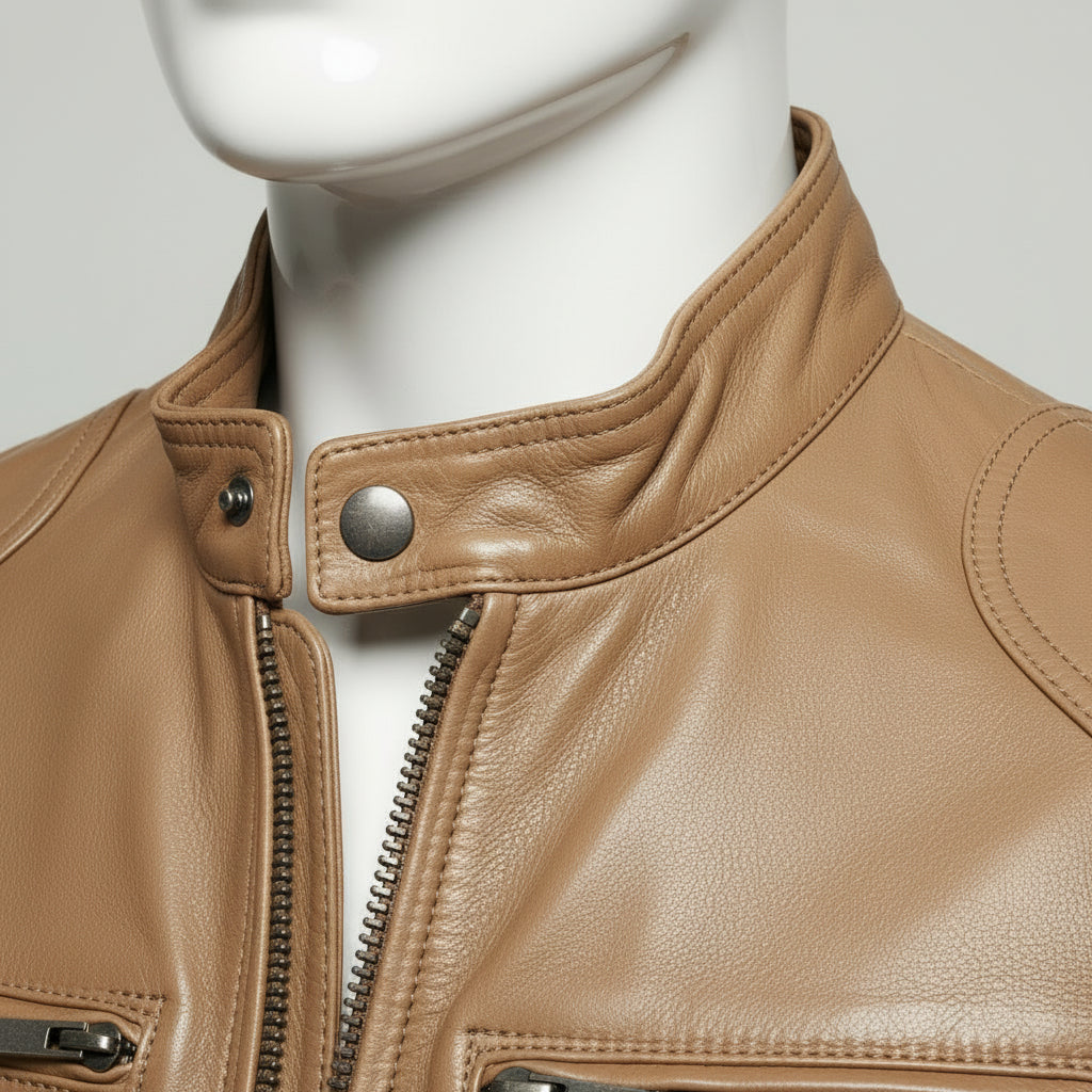 Men's Tan Slim Fit Leather Biker Jacket