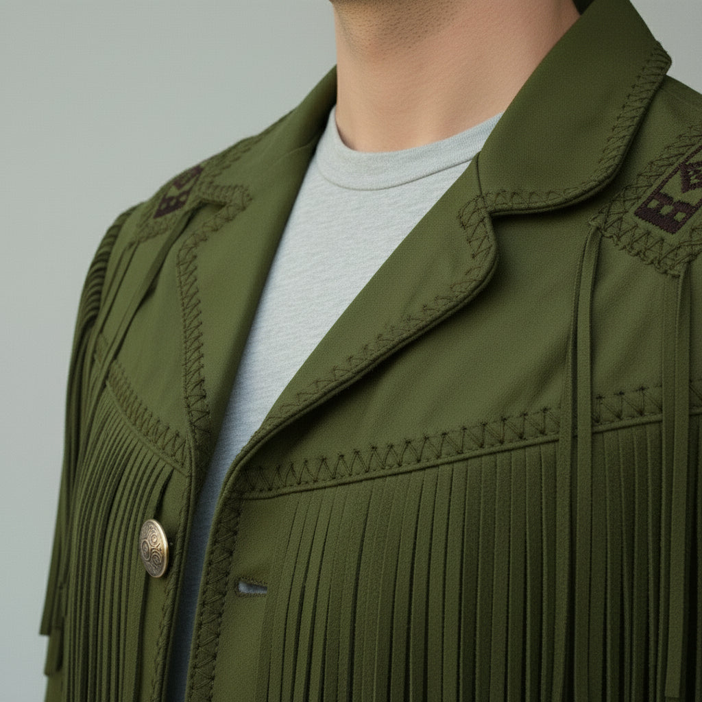 Men's Handmade Fringed Olive Green Suede Cowboy Jacket