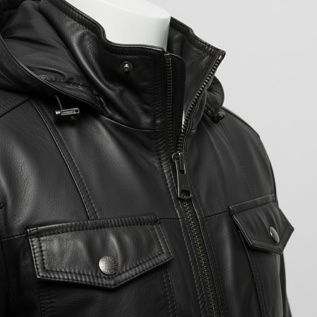 Men's Black Hooded Leather Biker Jacket
