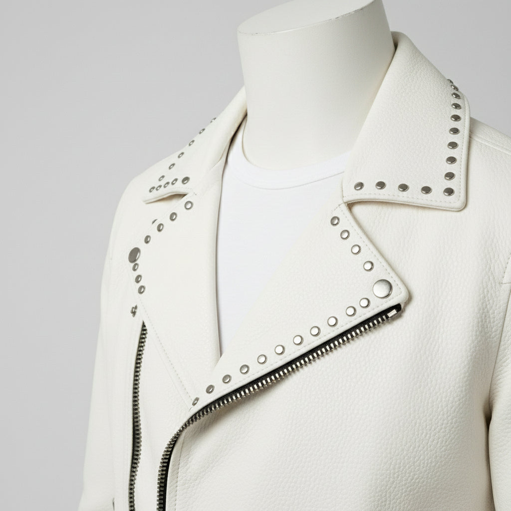Men's Cream Studded Pebbled Leather Biker Jacket