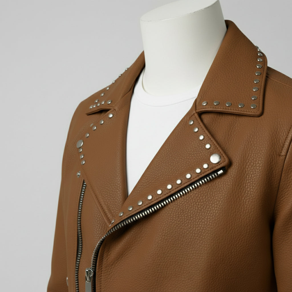 Men's Brown Studded Pebbled Leather Biker Jacket