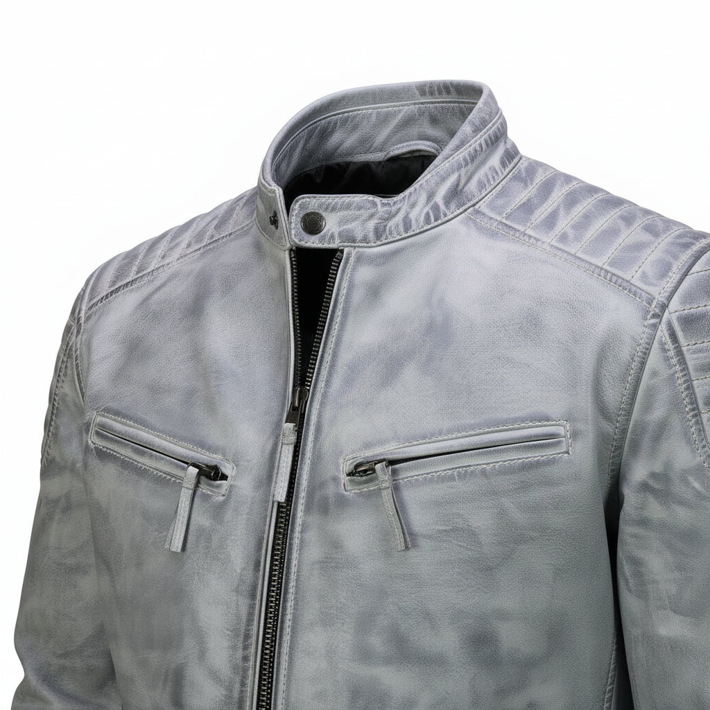 Men's Light Grey Antique Wash Leather Biker Jacket