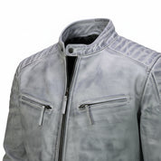 Men's Light Grey Antique Wash Leather Biker Jacket