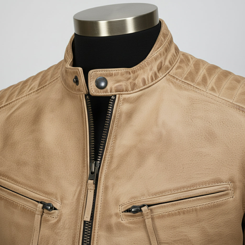 Men's Tan Antique Wash Leather Biker Jacket