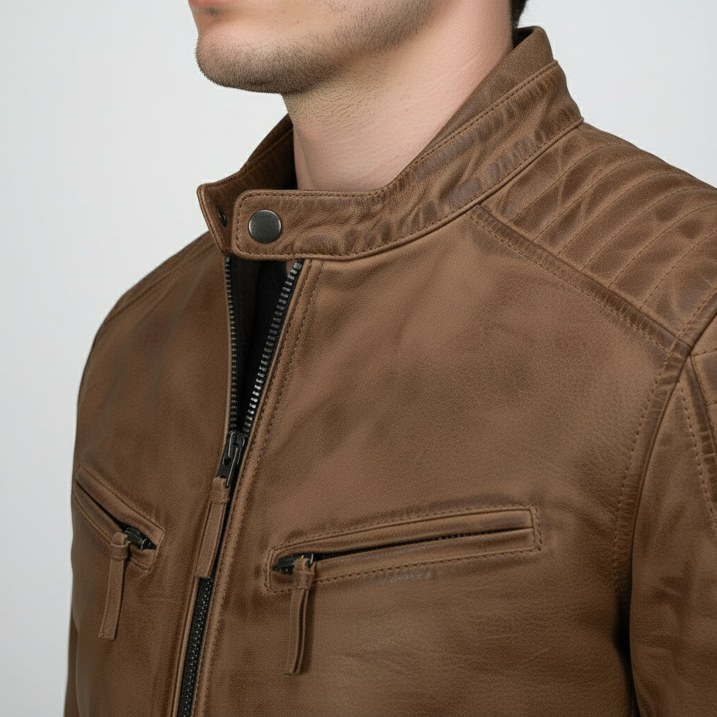 Men's Brown Antique Wash Leather Biker Jacket