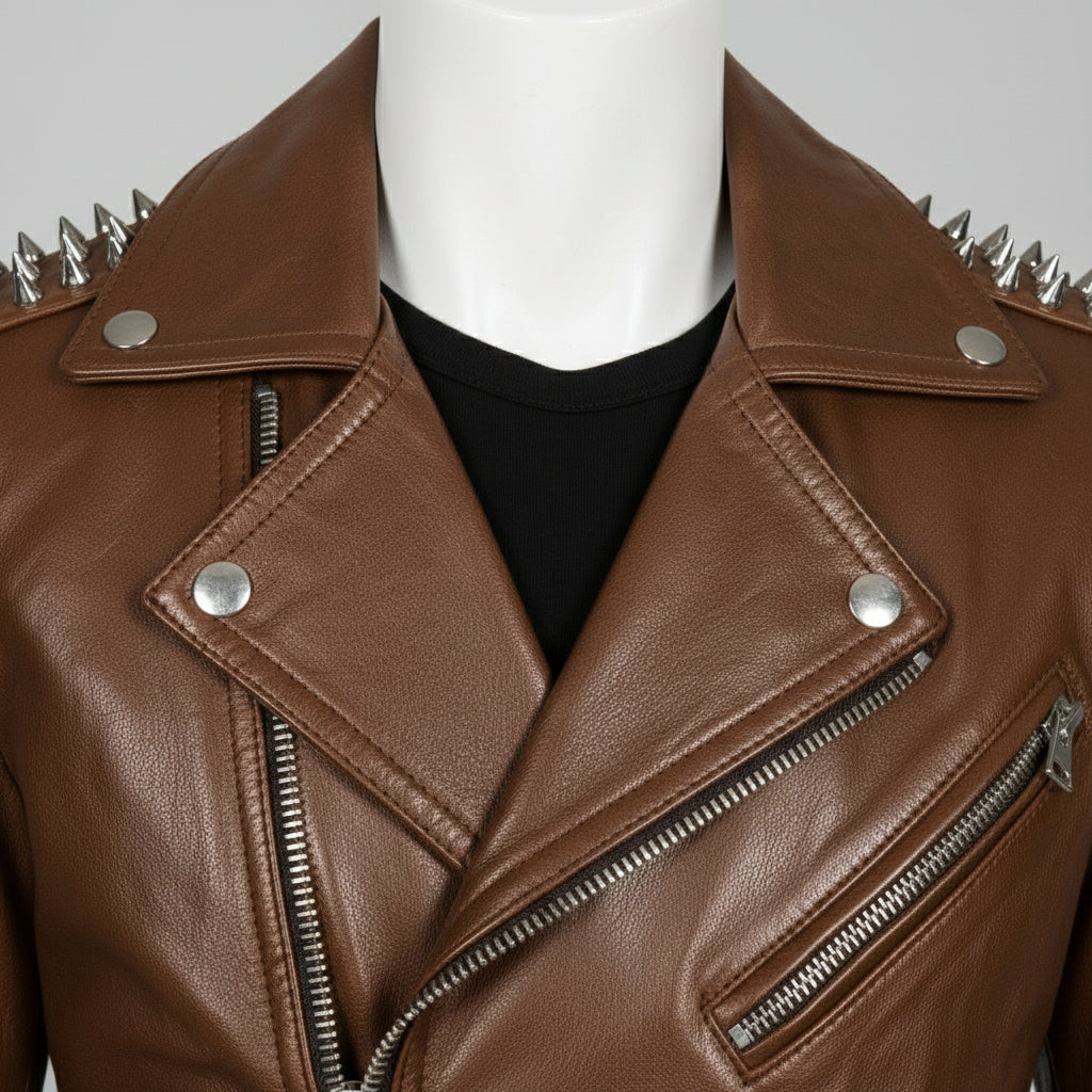 Men's Brown Silver Studded Leather Biker Jacket