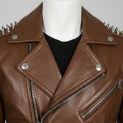 Men's Brown Silver Studded Leather Biker Jacket