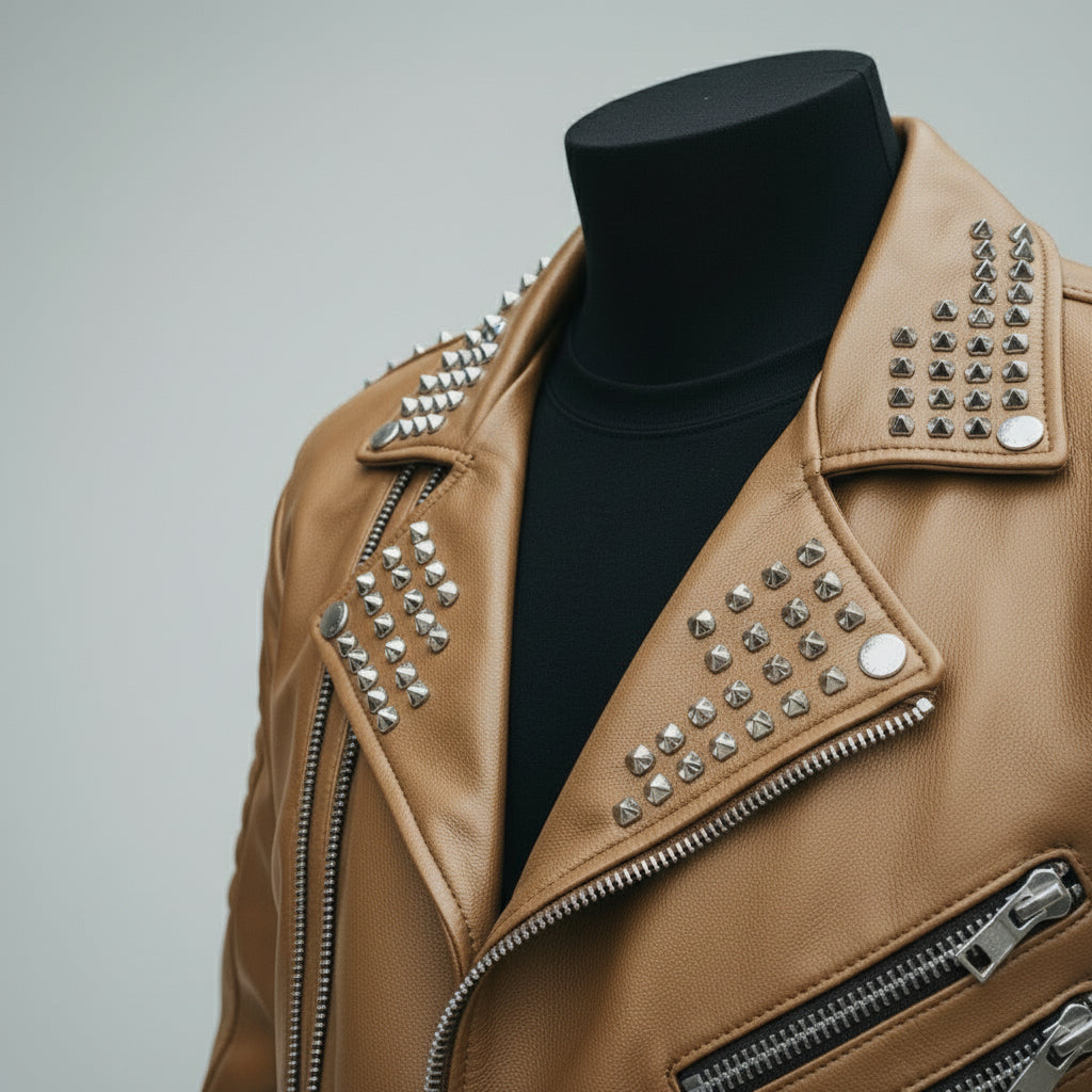 Men's Tan Studded Leather Biker Jacket