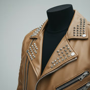 Men's Tan Studded Leather Biker Jacket