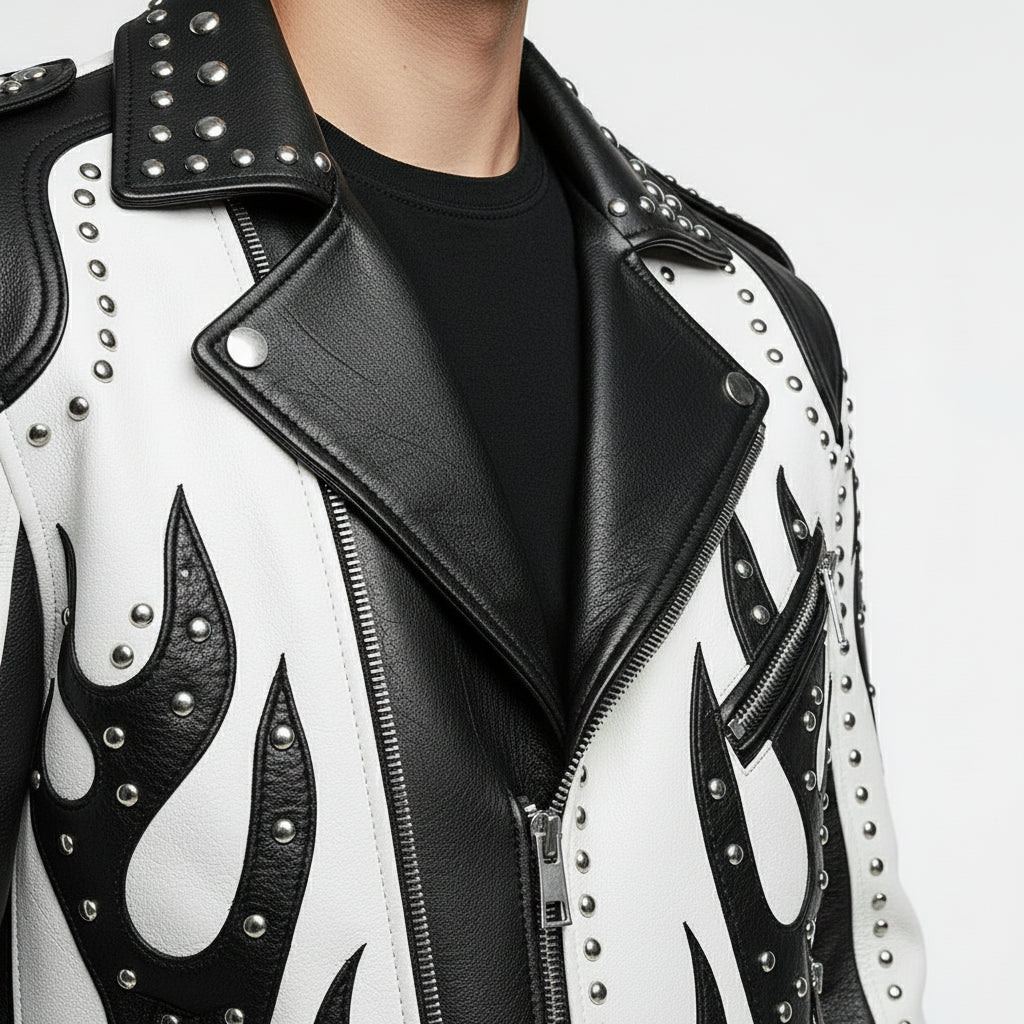 Men's Black and White Studded Leather Biker Jacket