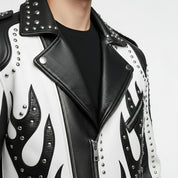 Men's Black and White Studded Leather Biker Jacket