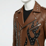 Men's Brown and Black Studded Leather Biker Jacket