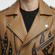 Men's Tan and Black Studded Leather Biker Jacket