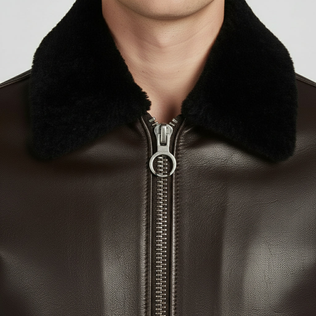 Men's Brown and Black Leather Bomber Jacket