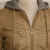 Men's Tan and Grey Hooded Leather Biker Jacket