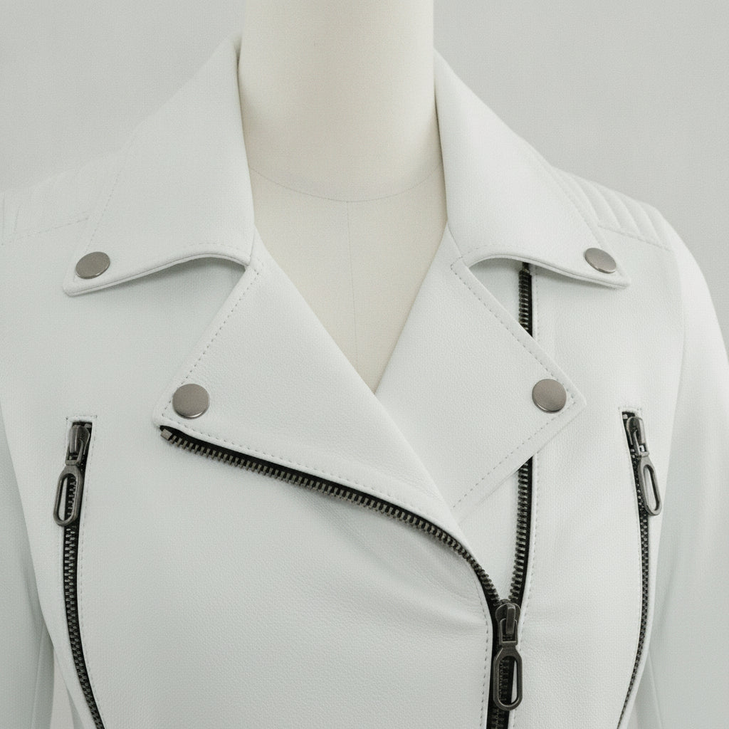 Women's White Leather Biker Jacket
