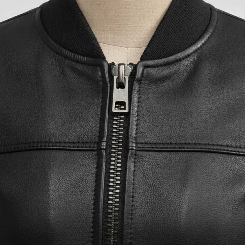 Women's Black Diamond-Embossed Leather Bomber Jacket