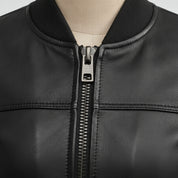 Women's Black Diamond-Embossed Leather Bomber Jacket