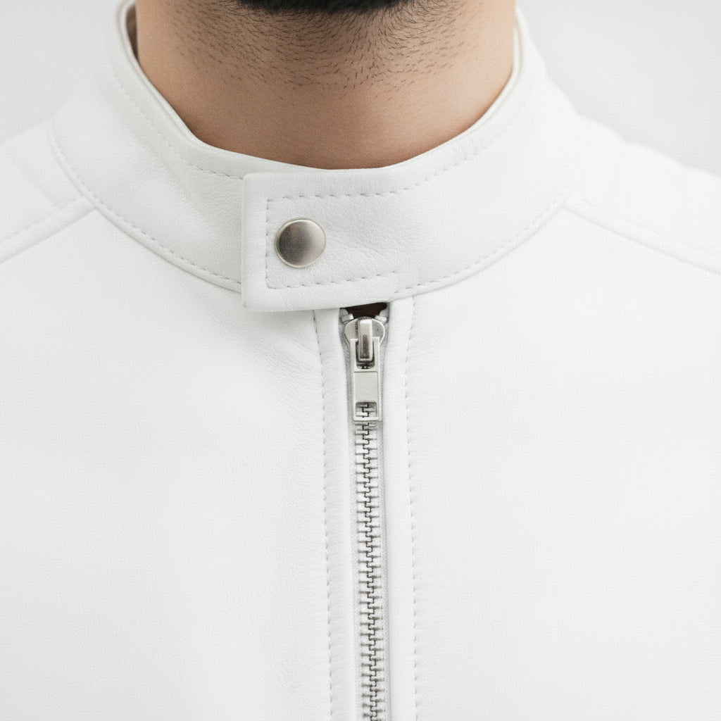 Men's White Leather Biker Jacket