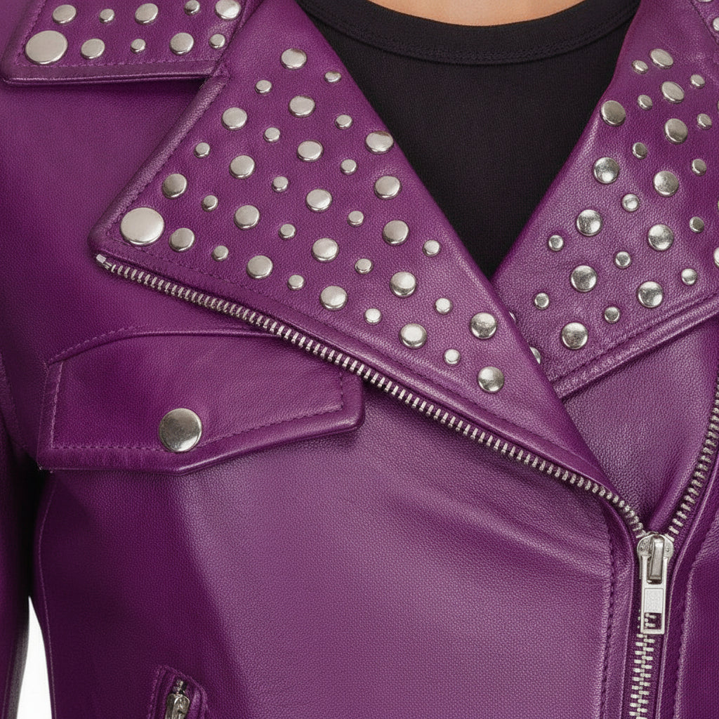 Women's Purple Studded Leather Biker Jacket