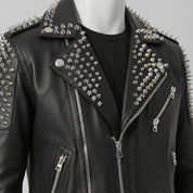 Men's Black Silver Studded Leather Biker Jacket