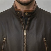 Men's Dark Brown and Tan Leather Biker Jacket
