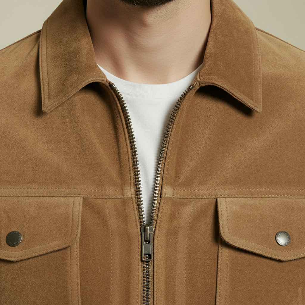 Men's Tan Suede Trucker Jacket