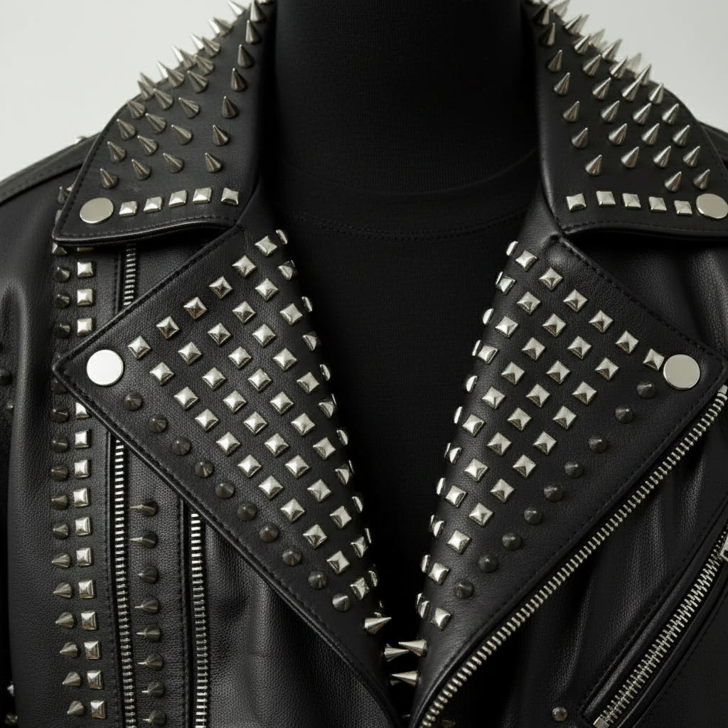 Men's Black Embroidered Studded Leather Biker Jacket