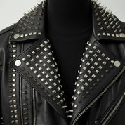 Men's Black Embroidered Studded Leather Biker Jacket