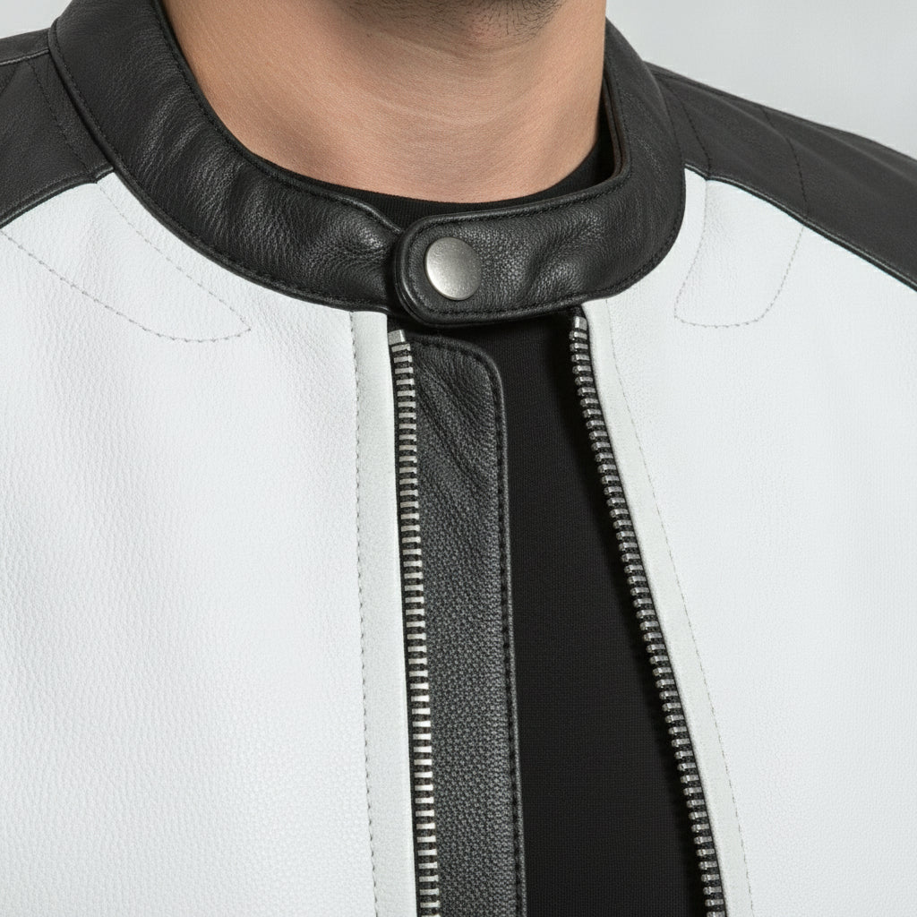 Men's White, Black, and Red Leather Biker Jacket