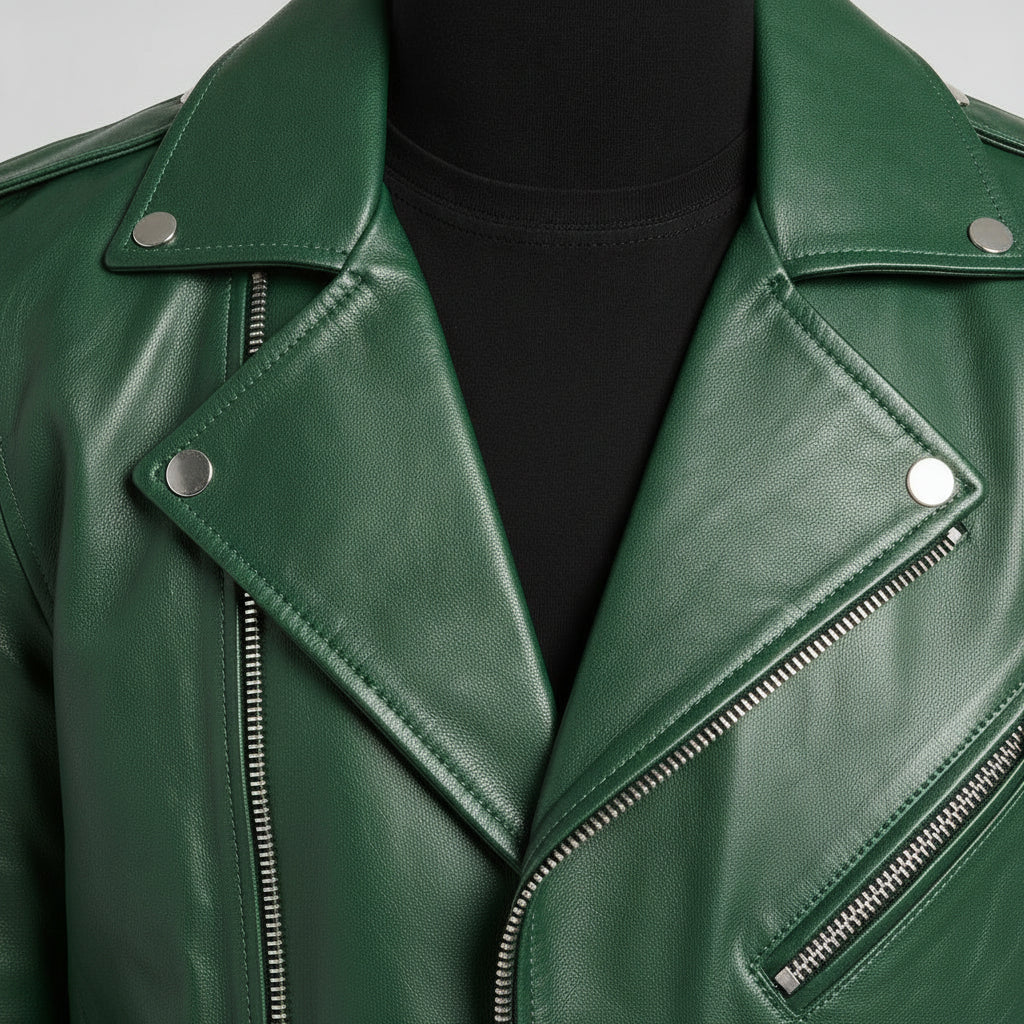 Men's Green Belted Leather Biker Jacket