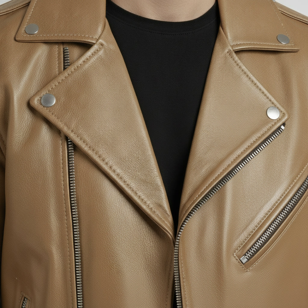 Men's Tan Belted Leather Biker Jacket