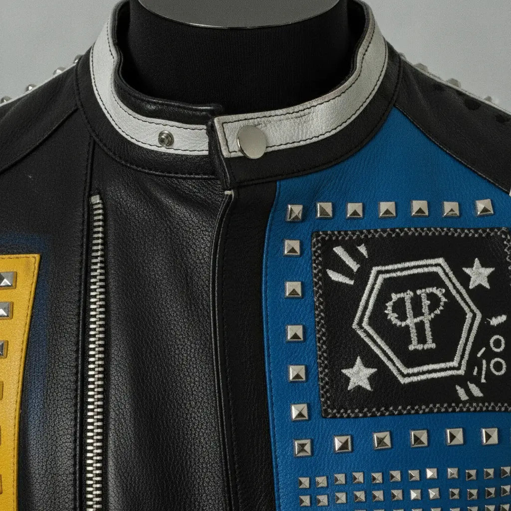 Men's Black Diamond Studded Leather Biker Jacket — Hoxley