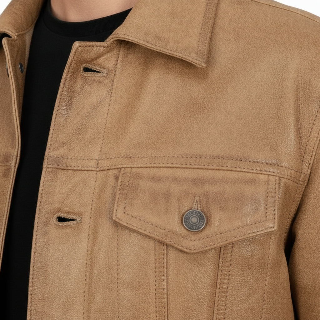Men's Tan Leather Trucker Jacket