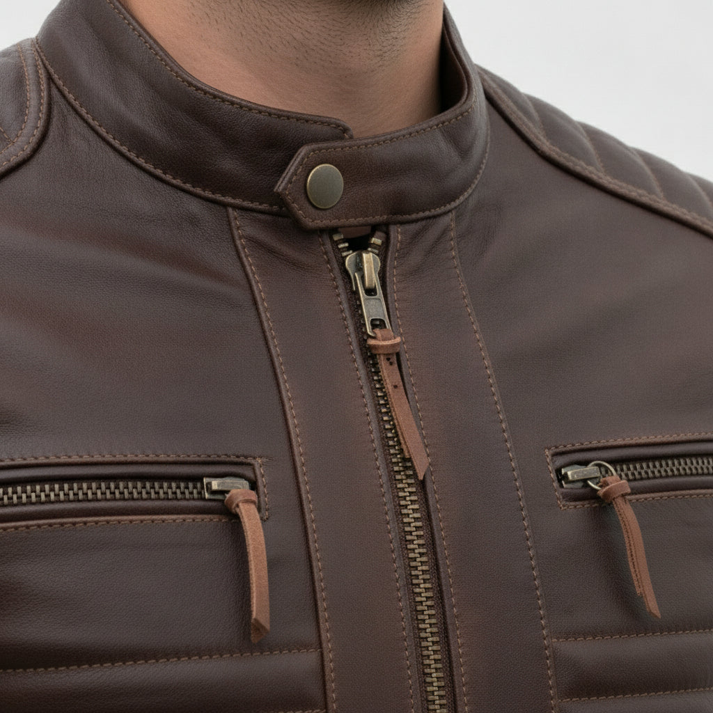 Men's Distressed Dark Brown Leather Cafe Racer Biker Jacket — Abburn