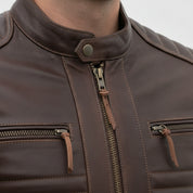 Men's Distressed Dark Brown Leather Cafe Racer Biker Jacket — Abburn
