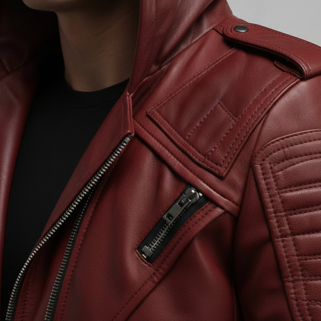 Men's Burgundy Hooded Leather Biker Jacket