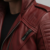 Men's Burgundy Hooded Leather Biker Jacket