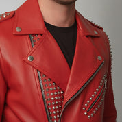 Men's Red Studded Leather Biker Jacket — Abberly — Abberly