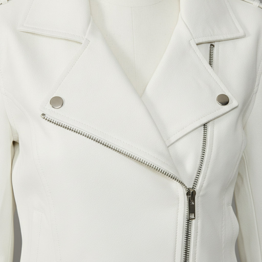 Women's White Faux Leather Biker Jacket — Abberdale
