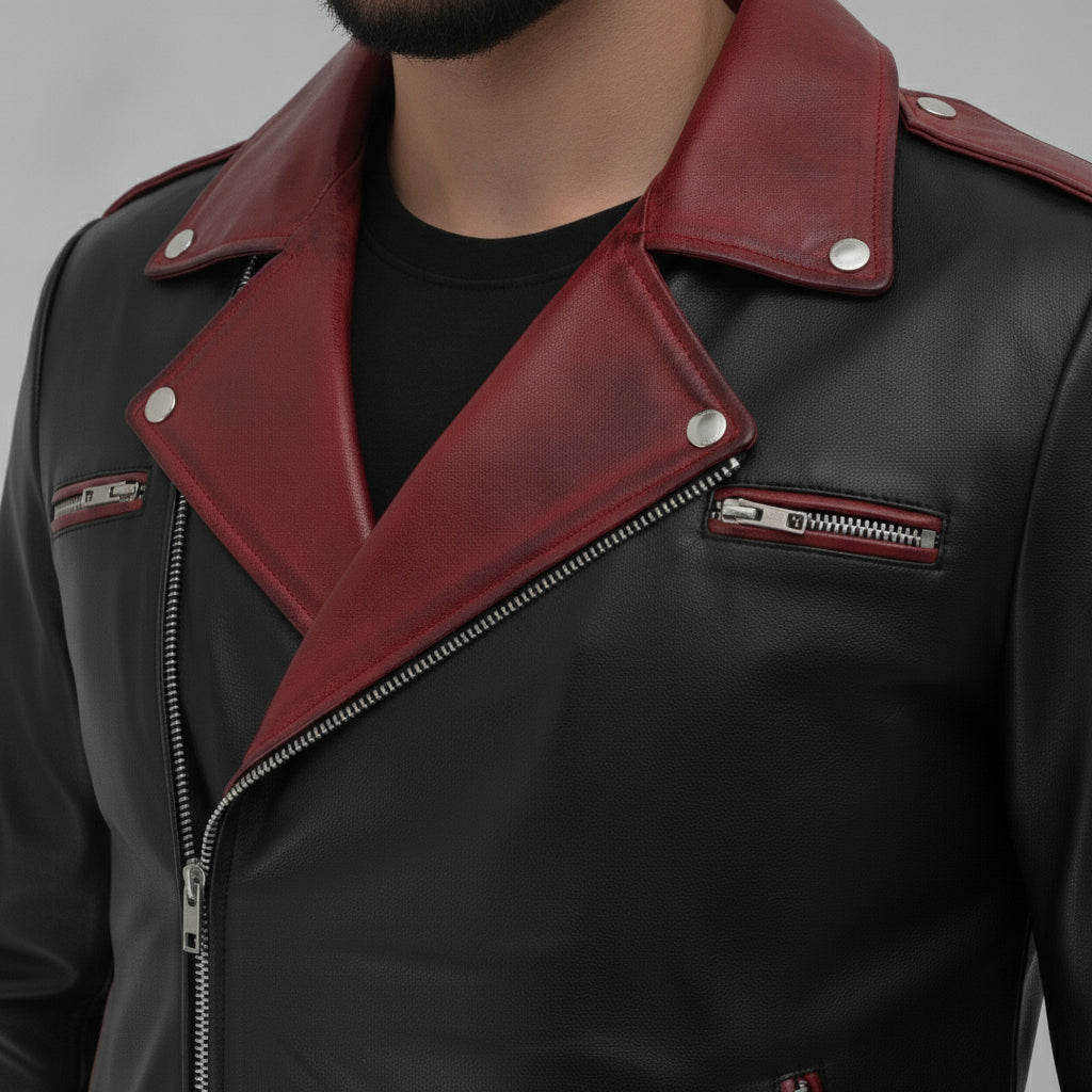 Men's Black and Burgundy Double Rider Leather Biker Jacket — Abbercombe