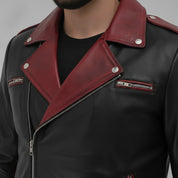 Men's Black and Burgundy Double Rider Leather Biker Jacket — Abbercombe