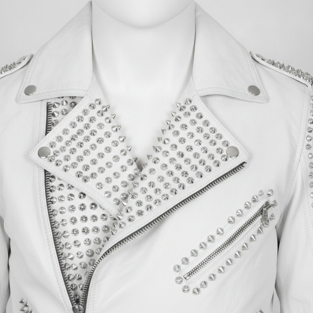Men's Bright White Studded Leather Biker Jacket — Abberwall